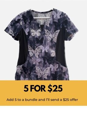 Health Pro purple butterflies scrub top with stretch side panels.